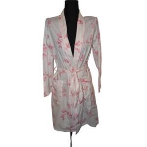 Petite Plume English Rose Floral 100% Cotton Tie Robe With Pockets Size Small